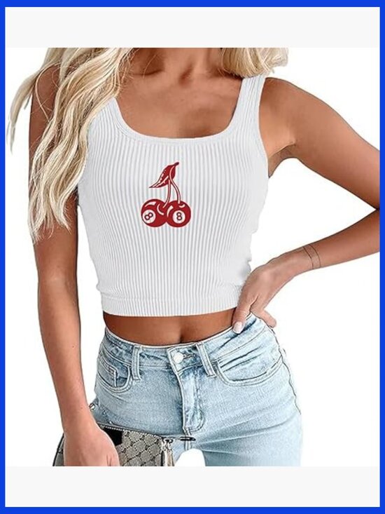 Tops - Cherry 8-Ball Graphic Ribbed Cropped Tank Top, Sleeveless Y2K Summer Tee